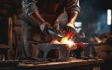 Blacksmith forge an iron product in a blacksmith - obrazy, fototapety, plakaty