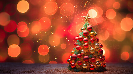 Capture the festive spirit with a photograph of a Christmas tree, its ornaments, and a vibrant red bokeh light backdrop. light backgroud