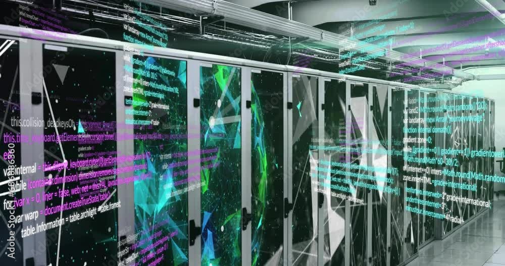 Poster animation of computer language over globe and connected dots on data server systems