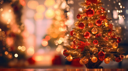 Fototapeta na wymiar A festive scene of a Christmas tree adorned with ornaments, set against a backdrop of twinkling red bokeh lights. light backgroud