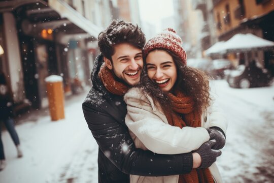 Snowy romance: Captivating image of a couple sharing smiles on a snow-covered street, a romantic tableau in winter's embrace