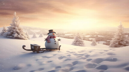 Snowy hills with a snowman and a wooden sled.