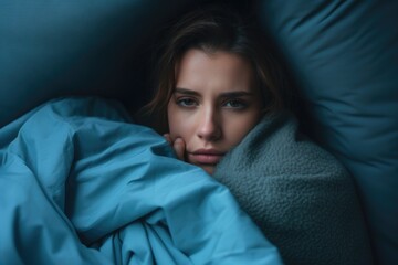 Monday blues portrait: An image depicting the sadness of Blue Monday, as a woman clings to a pillow, drowned in the blue hues of the most disheartening day of the year - obrazy, fototapety, plakaty