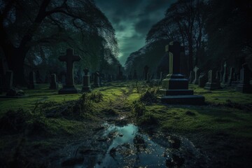 Macabre cemetery setting: A photograph capturing the macabre atmosphere of a cemetery, where the unsettling ambiance is intensified, portraying a scene that evokes fear