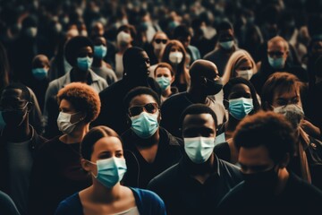 Epidemic Protection: A diverse group of individuals, each wearing protective medical masks on their faces, symbolizing collective efforts to combat - obrazy, fototapety, plakaty