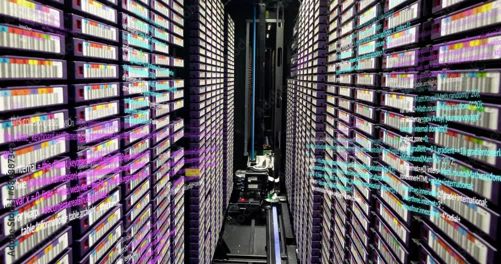 Poster animation of multicolored computer language over large data server room