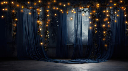 Holiday magic comes alive with Christmas garland lights on a dark blue canvas.