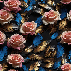 Blue Feathers and Rose Flowers Seamless Pattern Beautiful Floral Art Digital Background Design