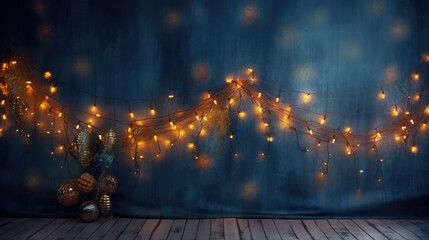 68. The warm and inviting glow of Christmas garland lights against a deep blue backdrop. - obrazy, fototapety, plakaty