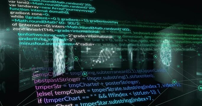 Animation of computer language and connected dots, multiple medical interface over black background