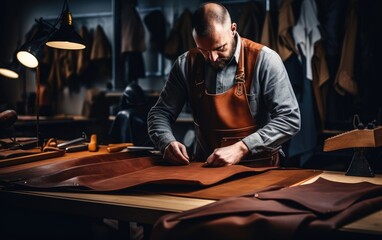 Obraz na płótnie Canvas Tailor leather craftsman working with natural leather