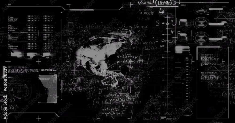 Poster animation of loading bars and globe with mathematical equation on black background