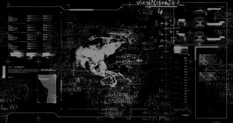 Animation of loading bars and globe with mathematical equation on black background