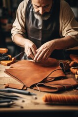 Tailor leather craftsman working with natural leather - obrazy, fototapety, plakaty