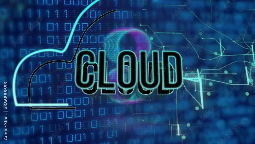 Poster animation of cloud text in cloud, illuminated lines over binary codes against abstract background
