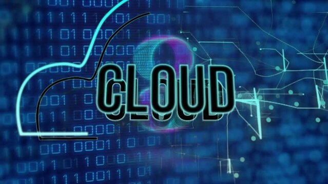 Animation of cloud text in cloud, illuminated lines over binary codes against abstract background