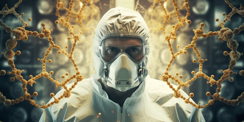 Scientist doctor in biohazard protective suit and mask in laboratory with, flu, fever, covid virus, cancer cells, molecules. Broken DNA. Biohazard, health research, oncology, cure concept background. 