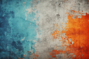 Striking blue and orange splotched wall texture, ideal for a vivid and rough grunge-style abstract...