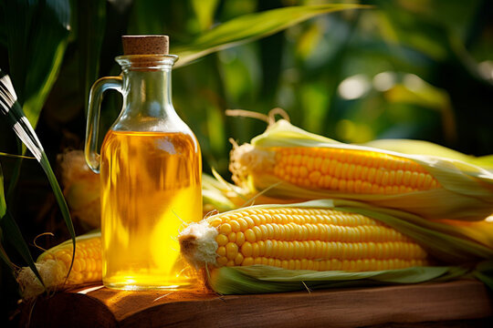 Yellow corn on the cob with corn oil, a composition that highlights the flavor and vitality of the vegetable