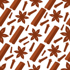 Seamless pattern background with badjan, cinnamon and cloves are a spice