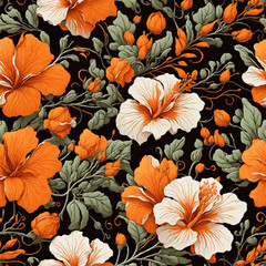 Orange Hibiscus Flowers Colorful Illustration Background Seamless Pattern Beautiful Floral Digital Art Design