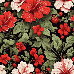 Red Hibiscus Flowers Colorful Illustration Background Seamless Pattern Beautiful Floral Digital Art Design