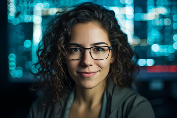 A close-up portrait of a female programmer in office. Advertising concept.