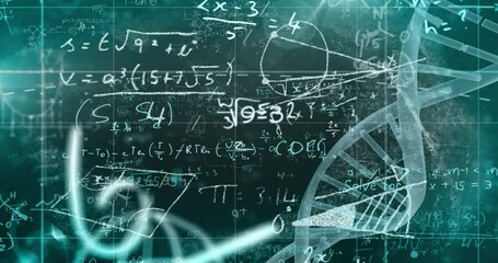 Animation of dna helix with mathematical equation and diagrams over abstract background - Powered by Adobe