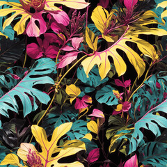 Monstera Leaves CMYK Colorful Illustration Tropical Seamless Pattern Rainforest Background Art Design