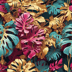 Monstera Leaves CMYK Colorful Illustration Tropical Seamless Pattern Rainforest Background Art Design
