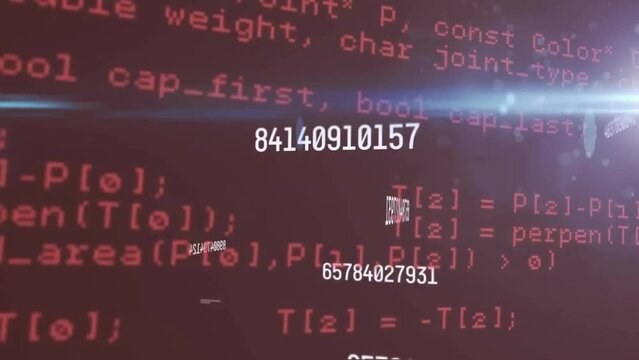 Animation of changing numbers, lens flares and computer language against black background