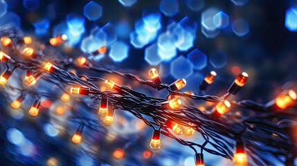 Elegance and festivity combined in a photo of Christmas garland lights against a backdrop of a dark blue night.