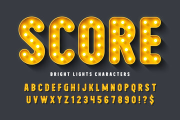 111Retro cinema alphabet design, cabaret, warm lamps letters and numbers. - obrazy, fototapety, plakaty