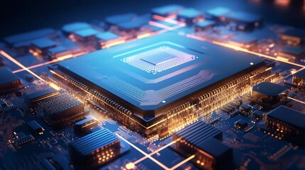 Glowing processor symbolizing new technologies, computing power background