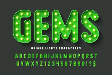 111Retro cinema alphabet design, cabaret, warm lamps letters and numbers.