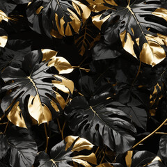 Black Gold Monstera Leaves Colorful Illustration Tropical Seamless Pattern Rainforest Background Art Design