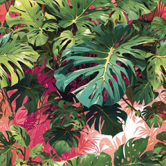Monstera Leaves Colorful Illustration Tropical Seamless Pattern Rainforest Background Art Design