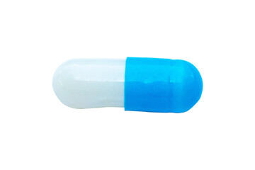 Drug capsule blue, white isolated on cut out PNG. Is Antibiotics or disinfectants. Medicine have...