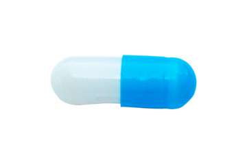 Drug capsule blue, white isolated on cut out PNG. Is Antibiotics or disinfectants. Medicine have vitamin strengthens immune system. Body's immune response inflammatory.