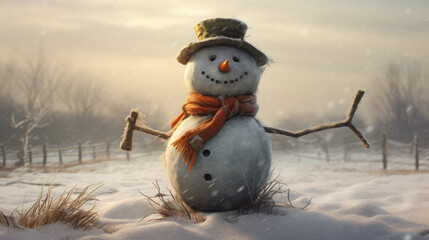 Obraz premium Snowman with carrot nose and coal eyes in a snowy field light backgroud