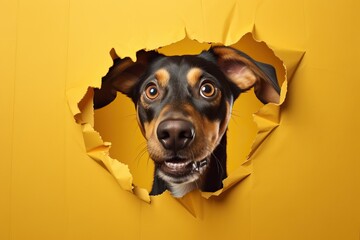 Dog looking out from yellow paper background being surprised - obrazy, fototapety, plakaty