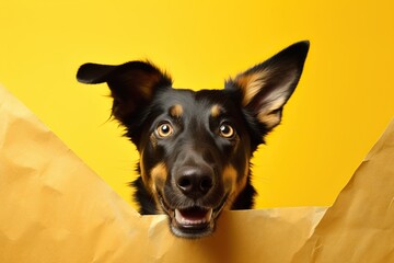 Dog looking out from yellow paper background being surprised