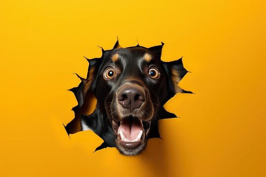 Dog looking out from yellow paper background being surprised