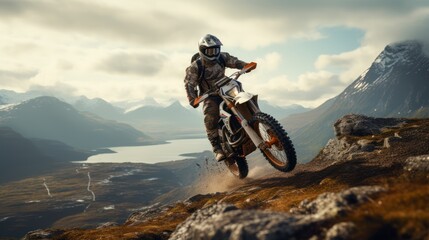 Naklejka premium Person on a dirt bike on top of a mountain