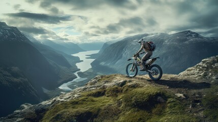 Man riding a motorcycle with a view of mountains