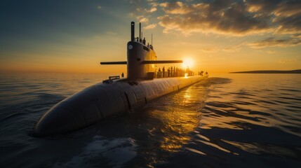 Submarine in the sea at sunset - obrazy, fototapety, plakaty