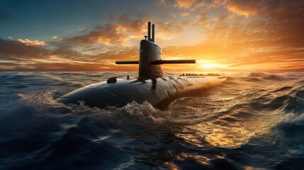 Submarine in the sea at sunset - obrazy, fototapety, plakaty