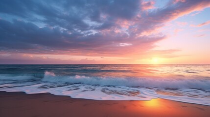 At sunset, the beach transforms into a magical realm where seawater dances and splashes against the sandy expanse.