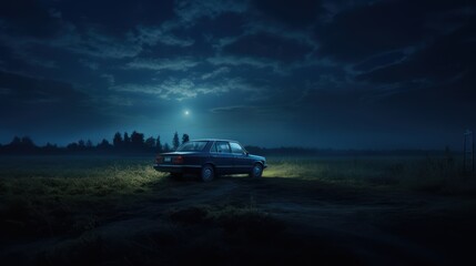 Car in the field at night with moonlight. - obrazy, fototapety, plakaty