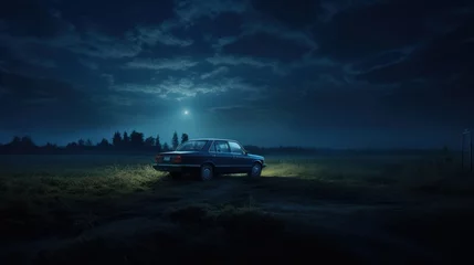 Foto op Canvas Car in the field at night with moonlight. © pixcel3d